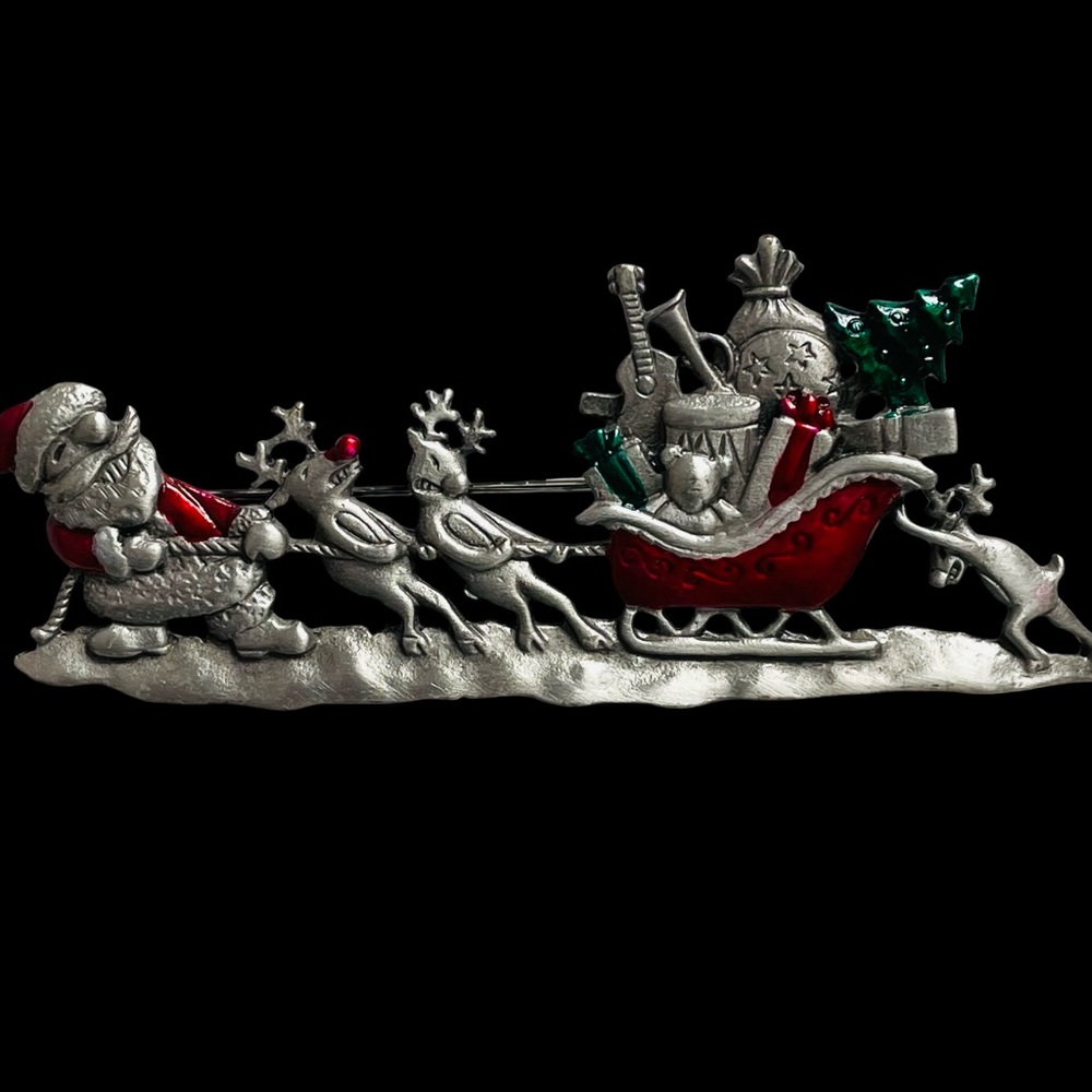 Vintage Signed JJ Pewter Santa And Rudolph Pulling Sleigh Full Of Toys Brooch